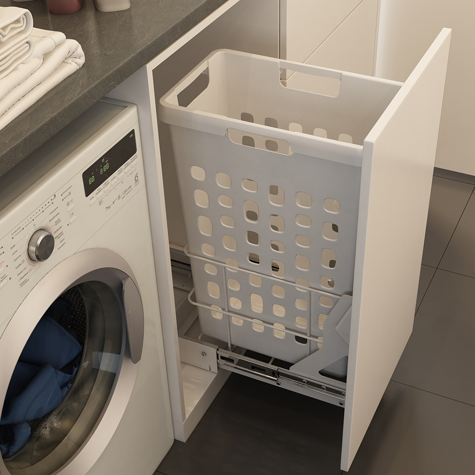 Фото Duslar Корзина RIMI для хранения белья 35 л, выдвижной фасад 300 мм, белый