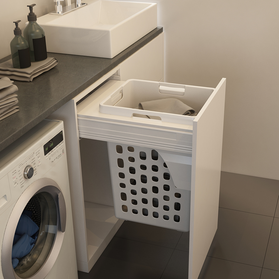 Фото Duslar Корзина LEILA для хранения белья 48 л, выдвижной фасад 450 мм, белый
