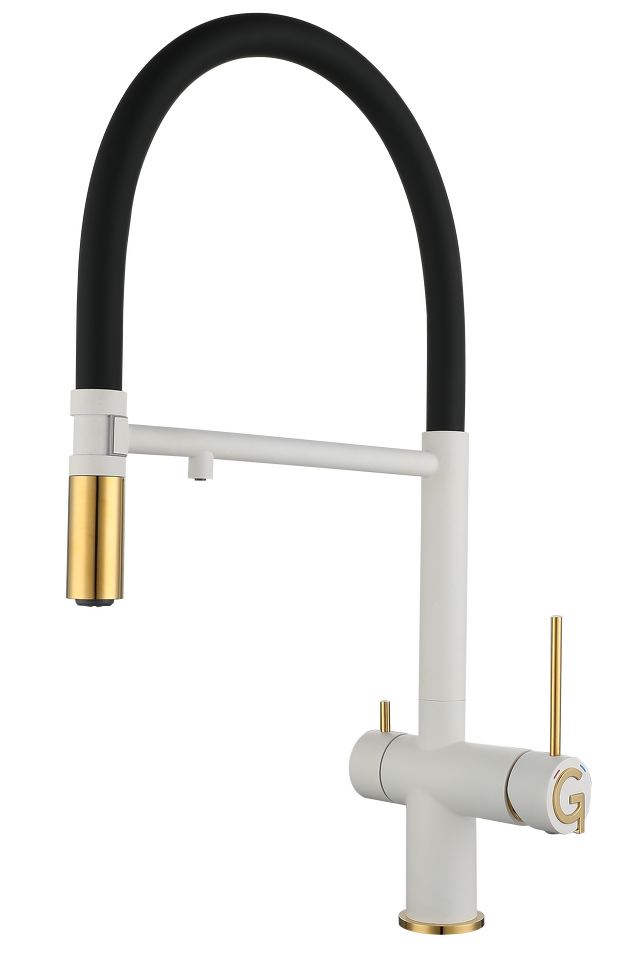 Фото Смеситель для кухни Rivelato Adria U-обр. гибкий излив с краном питьевой воды D-35мм brina/oro арт1523517 brina oro