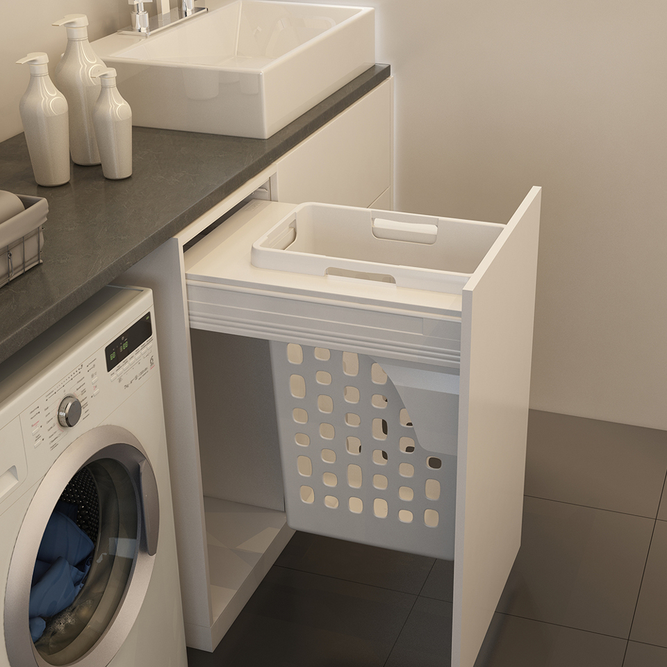 Фото Duslar Корзина LEILA для хранения белья 35 л, выдвижной фасад 400 мм, белый
