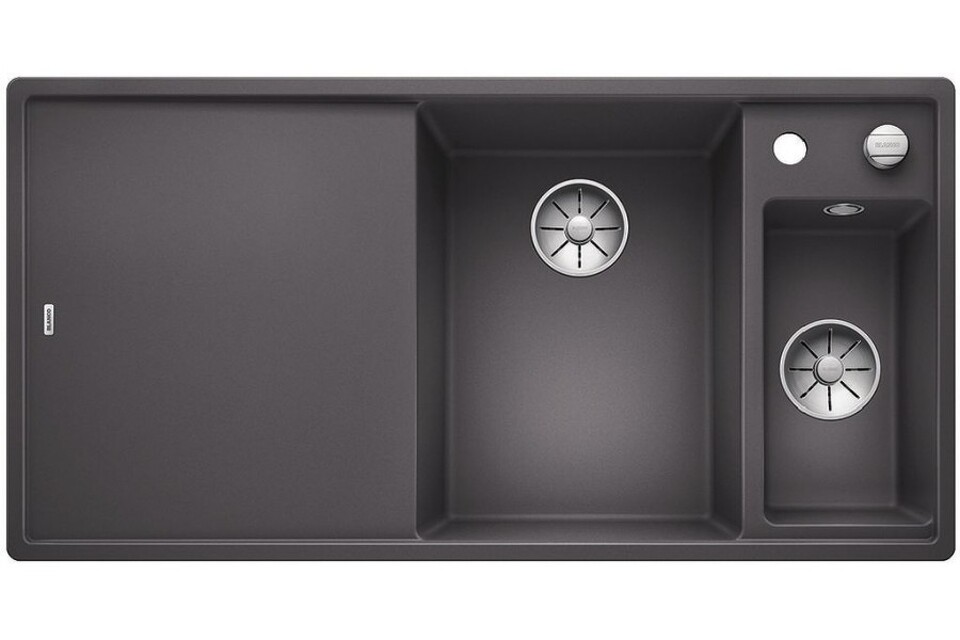 Фото Гранитная мойка Blanсo AXIA III 6 S-F SILGRANIT PuraDur темная скала чаша справа, доска стекло c кл.-авт. InFino