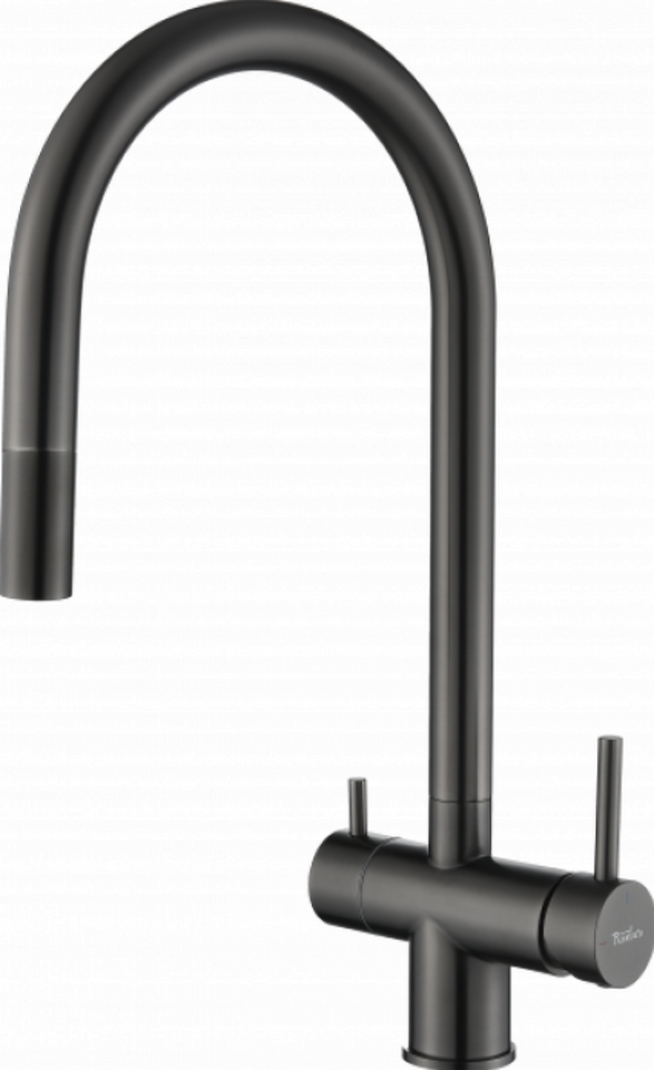 Фото Смеситель для кухни Rivelato Trevi U-обр. с краном питьевой воды и выдвижной лейкой D-35мм PVD black