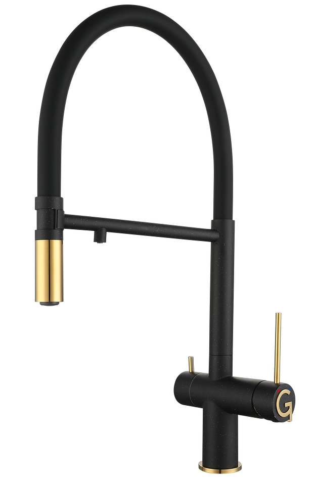 Фото Смеситель для кухни Rivelato Adria U-обр. гибкий излив с краном питьевой воды D-35мм nero/oro