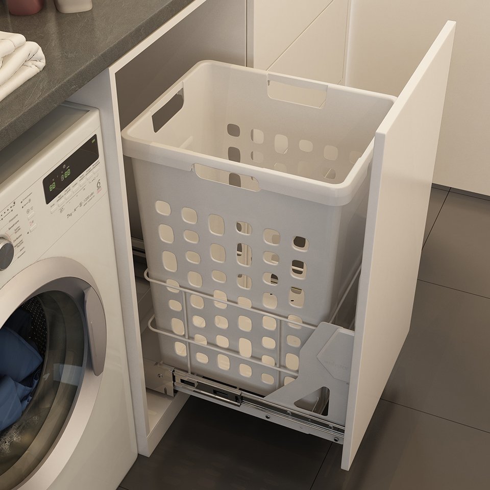 Фото Duslar Корзина RIMI для хранения белья 48 л, выдвижной фасад 400 мм, белый