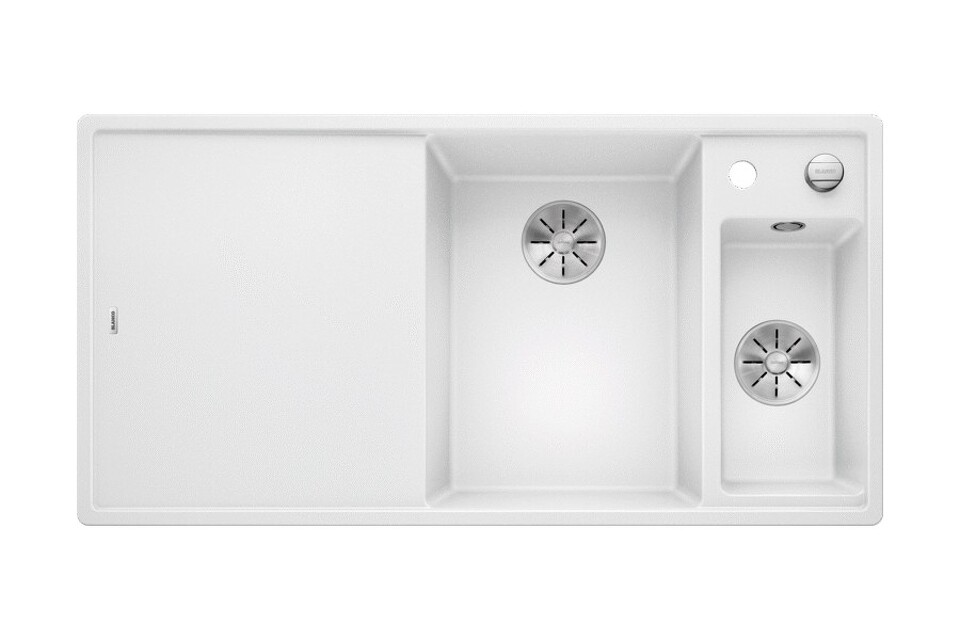 Фото Гранитная мойка Blanсo AXIA III 6 S-F SILGRANIT PuraDur белый чаша справа, доска ясень c кл.-авт. InFino