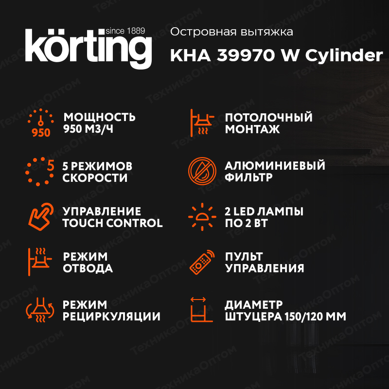 Преимущества Островная вытяжка Körting KHA 39970 W Cylinder