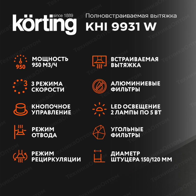 Преимущества Полновстраиваемая вытяжка Körting KHI 9931 W